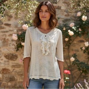 Chloe Vintage Linen Silk Blend Sz L Cream Sheer Dainty Coquette Ruffle Blouse